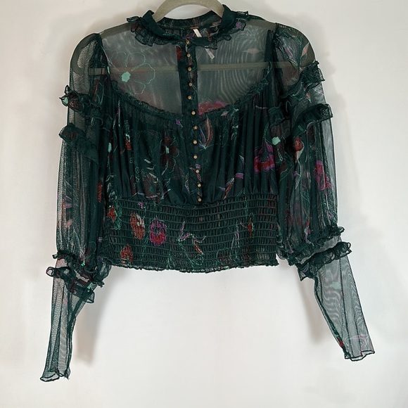 Free People Time for Shine Sheer Green Floral Crop Long Sleeve Top - Picture 2 of 10